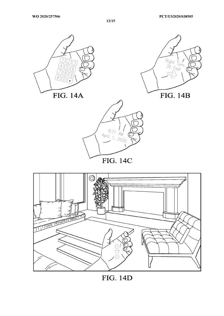Esimerkki Humanen patenttihakemuksesta siitä, miten "näyttö" voisi tarvittaessa heijastua myös esimerkiksi kämmenelle.