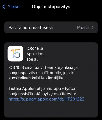 iOS 15.3 on nyt ladattavissa.