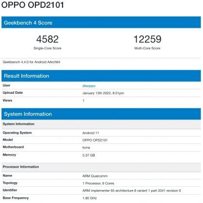 Oppo OPD2101 ilmestyi GeekBench-suorituskykytestin tietokantaan.