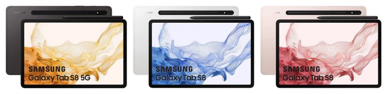 Samsung Galaxy Tab S8 eri väreissä. Kuvat: Amazon.