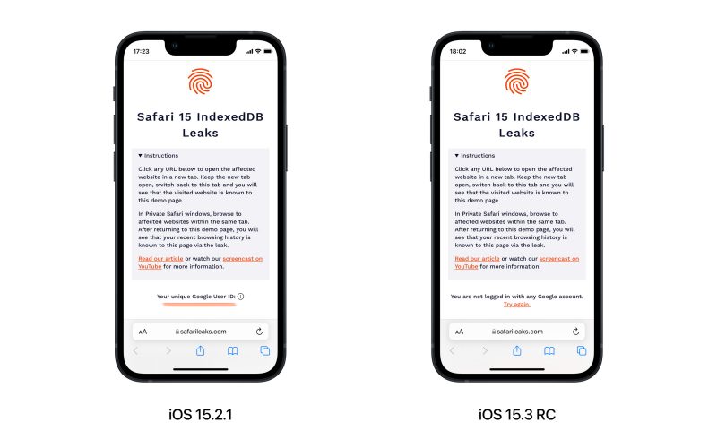 iOS 15.3:n päivitysjulkaisua edeltänyt RC-versio näyttää korjanneen tietoja paljastaneen selainhaavoittuvuuden. Kuva: 9to5Mac.