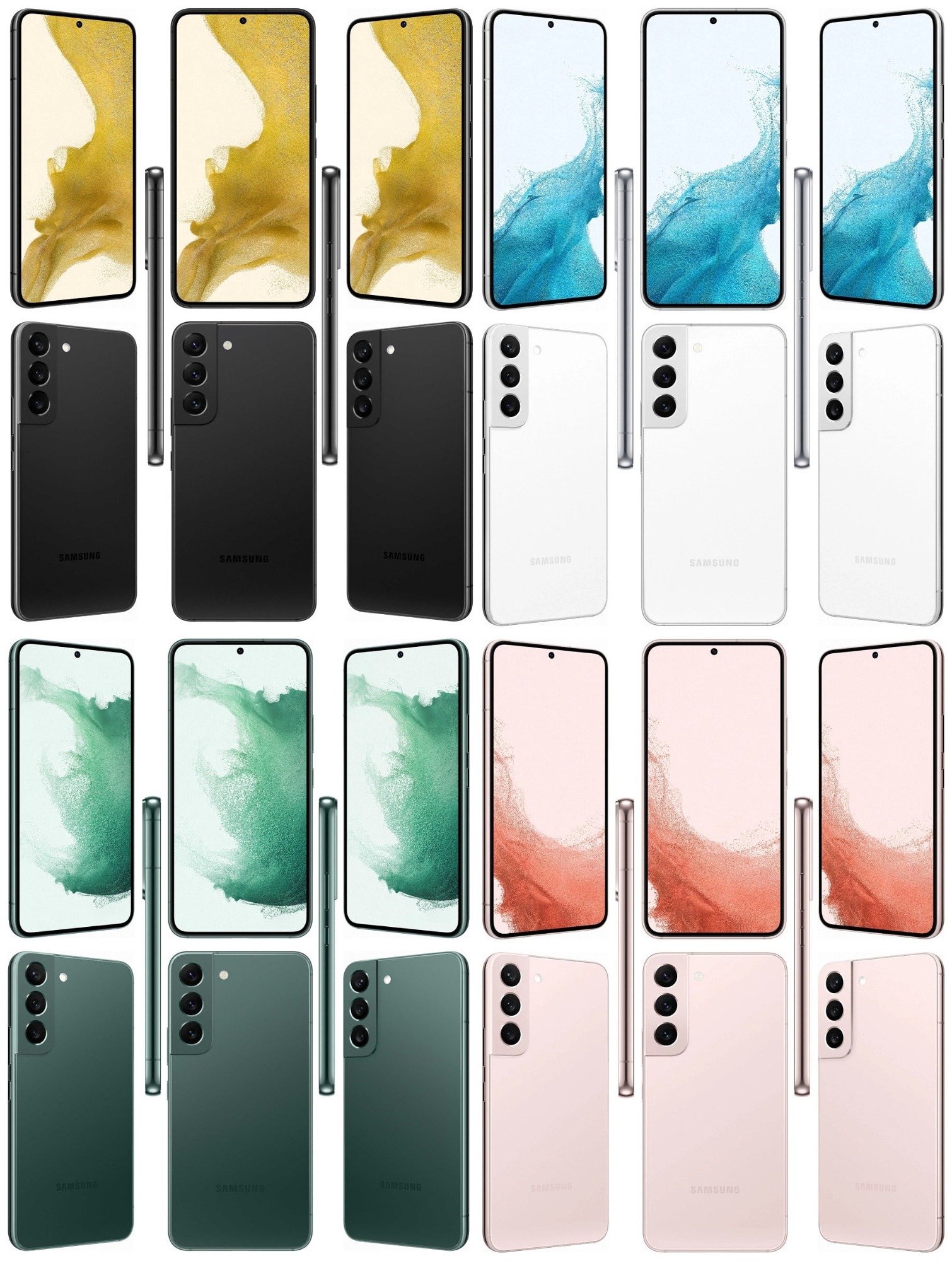 Samsung Galaxy S22 eri väreissä. Kuvat: Evan Blass / Twitter.