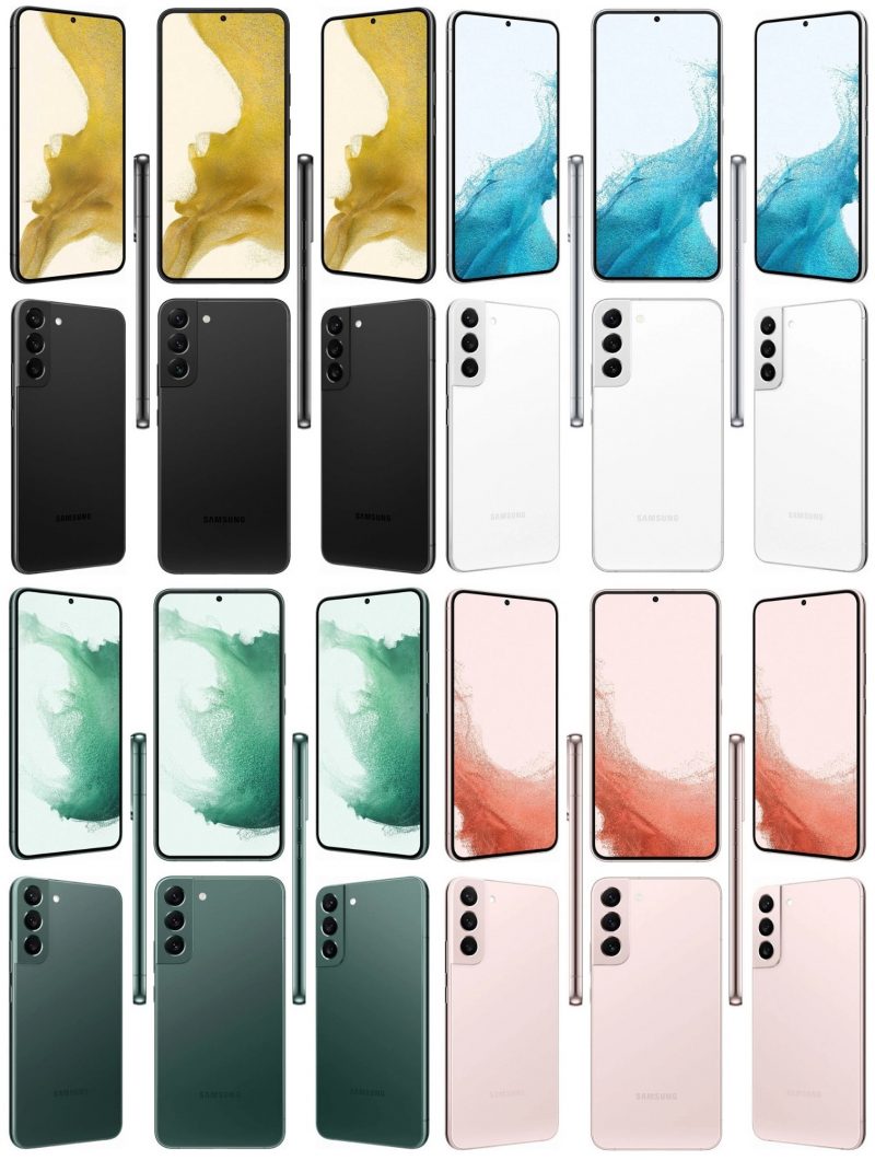 Samsung Galaxy S22+ eri väreissä. Kuvat: Evan Blass / Twitter.