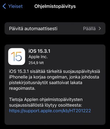iOS 15.3.1 on nyt ladattavissa.