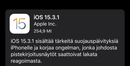 iOS 15.3.1 on nyt ladattavissa.