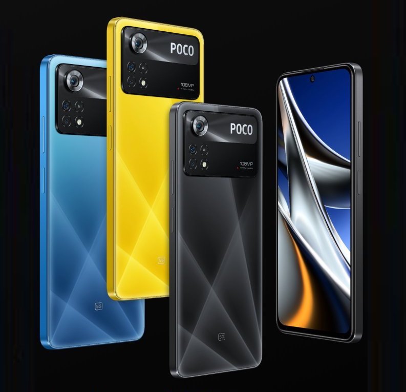 Kuvassa Poco X4 Pro 5G eri värivaihtoehtoina.