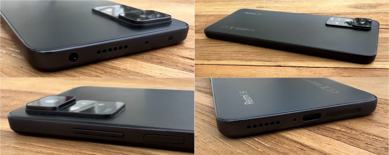 Redmi Note 11 Pro 5G:n kamerakohouma on kaksitasoinen. 3,5 millimetrin kuulokeliitäntä on puhelimen yläpäässä ja USB-C-liitäntä pohjassa.