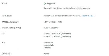 Samsung Galaxy A33 5G:n tiedot Google Play Consolessa.