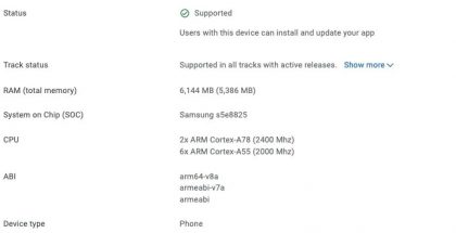 Samsung Galaxy A53 5G:n tiedot Google Play Consolessa.
