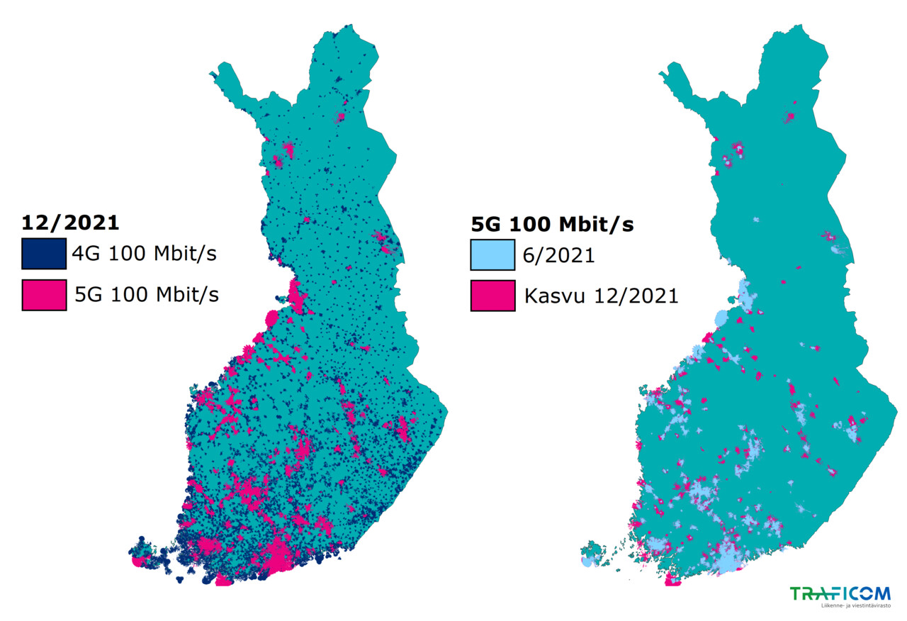 5G- ja 4G-verkon latausnopeudeltaan ideaaliolosuhteissa 100 megabitin verkko vuoden 2021 lopussa ja nopean 5G-verkon kasvu kesäkuun 2021 lopusta vuoden 2021 loppuun. Kuva: Traficom.