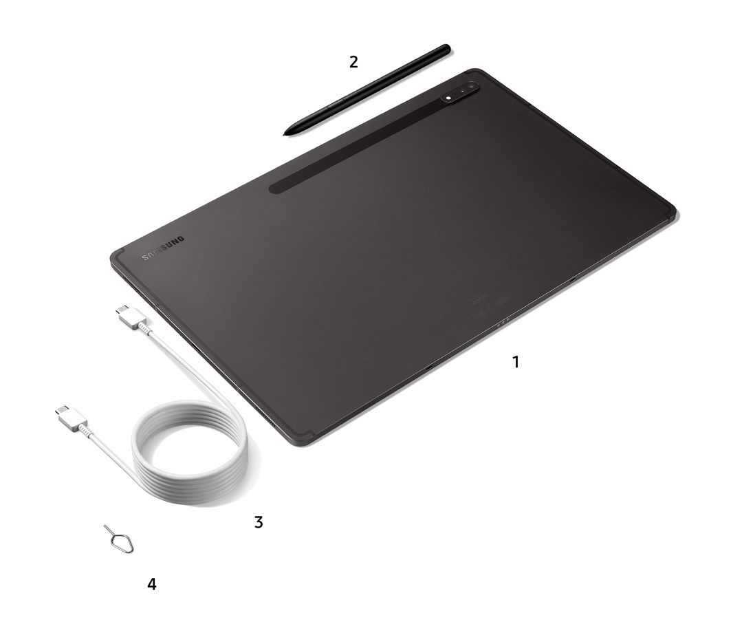 Galaxy Tab S8 Ultran mukana myyntipakkauksessa toimitetaan S Pen -kynä, USB-C-kaapeli sekä SIM-korttikelkan avaustyökalu. Laturia ei myyntipakkaukseen sisälly.