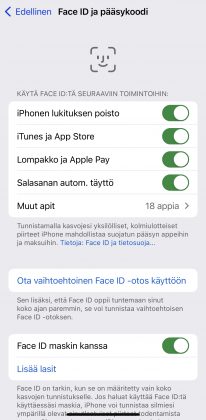 Face ID ja pääsykoodi -asetukset iOS 15.4:ssä.
