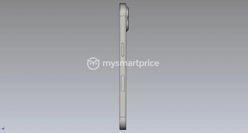iPhone 14 oikealta sivulta CAD-mallinnoksessa. Kuva: MySmartPrice.