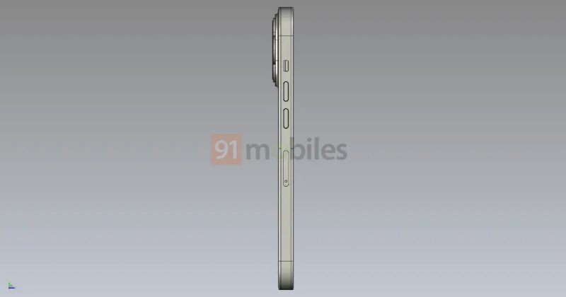 iPhone 14 Pro vasemmalta sivulta CAD-mallinnoksessa. Kuva: 91mobiles.