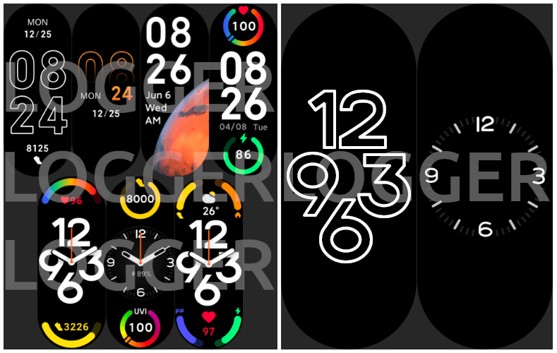 Xiaomi Smart Band 7:ksi odotetun L66-koodinimellisen laitteen kellotauluja. Oikealla aina päällä -tilan kellotaulut. Kuva: Logger.fr.