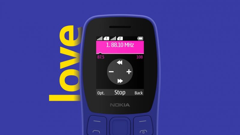 FM-radio toimii ilman kuulokkeiden kytkemistä. Kuvassa Nokia 105.