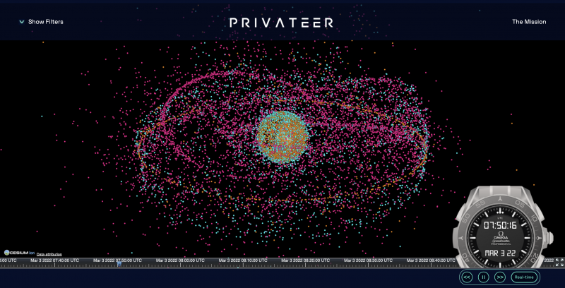 Privateer tarjoaa verkkosivuillaan näkymän maapalloa kiertävistä satelliiteista ja avaruusromusta.