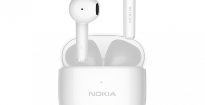 Nokia E3110 -kuulokkeet ja latauskotelo valkoisena.