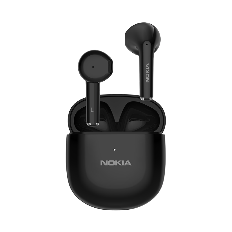 Nokia E3110 -kuulokkeet ja latauskotelo mustana.