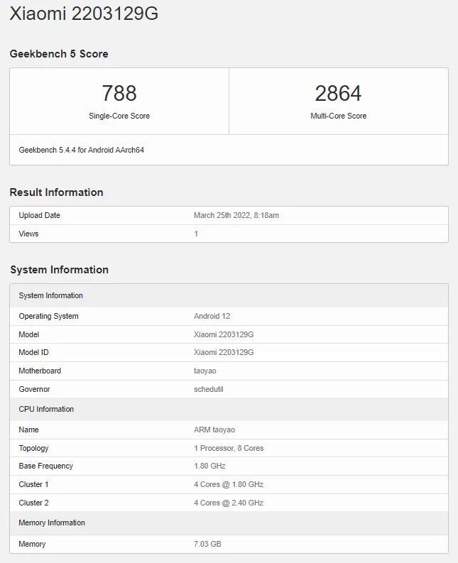 Xiaomi 220319G GeekBenchissä.