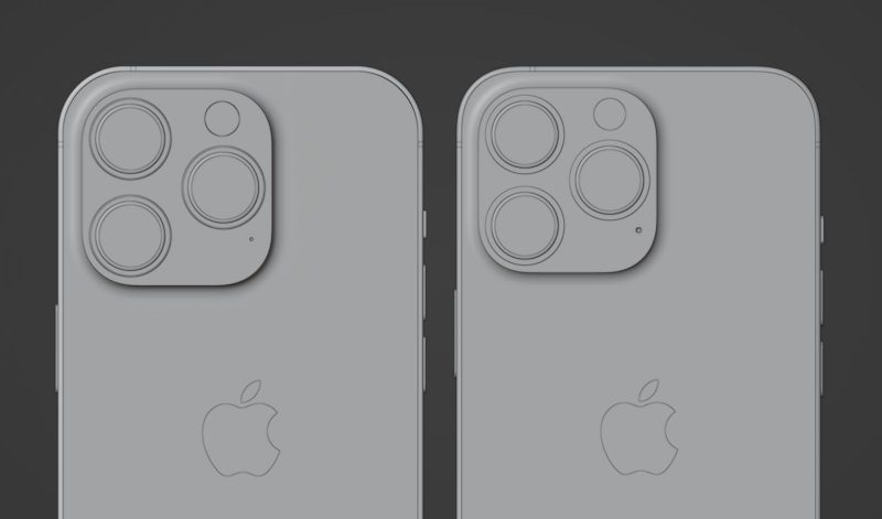 Vasemmalla iPhone 14 Pro -mallinnos, oikealla iPhone 13 Pro. Suurempi kamerakohouma on voinut johtaa Applen muotoilevan myös rungon kulmat enemmän pyöristetyiksi tulevassa uutuudessa.