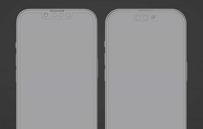 Vasemmalla iPhone 13 Pro, oikealla iPhone 14 Pro -mallinnos. Näyttöreunukset näyttävät olevan kaventumassa.