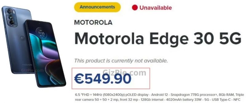 Motorola Edge 30:n hinta paljastui jo verkkokaupasta.