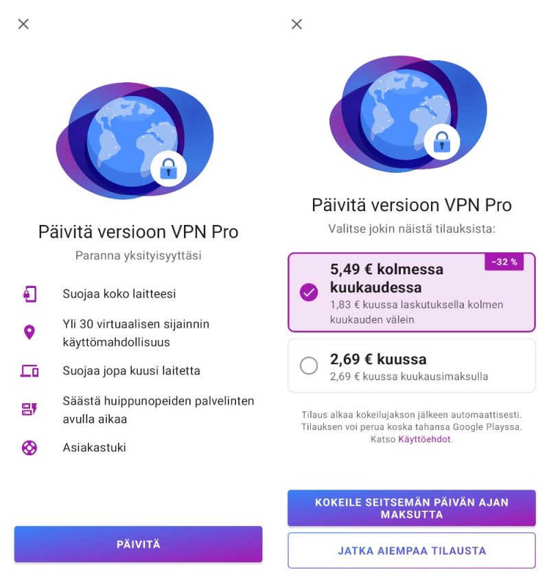 Opera VPN Pron tilausnäkymä.
