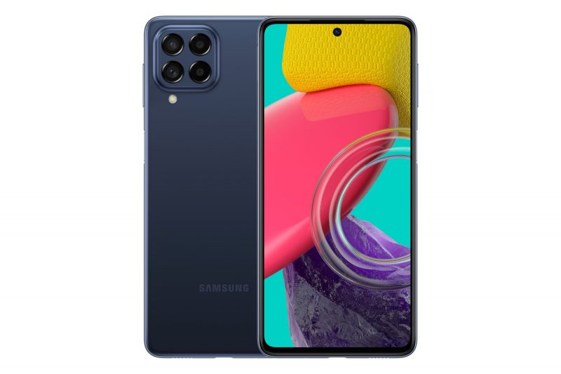 Samsung Galaxy M53 5G sinisenä.