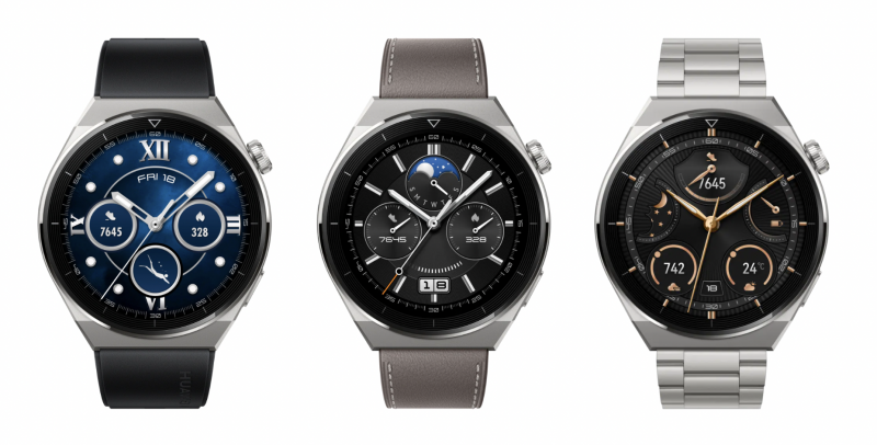 Huawei Watch GT 3 Pro Titanium, kolme eri rannekevaihtoehtoa.