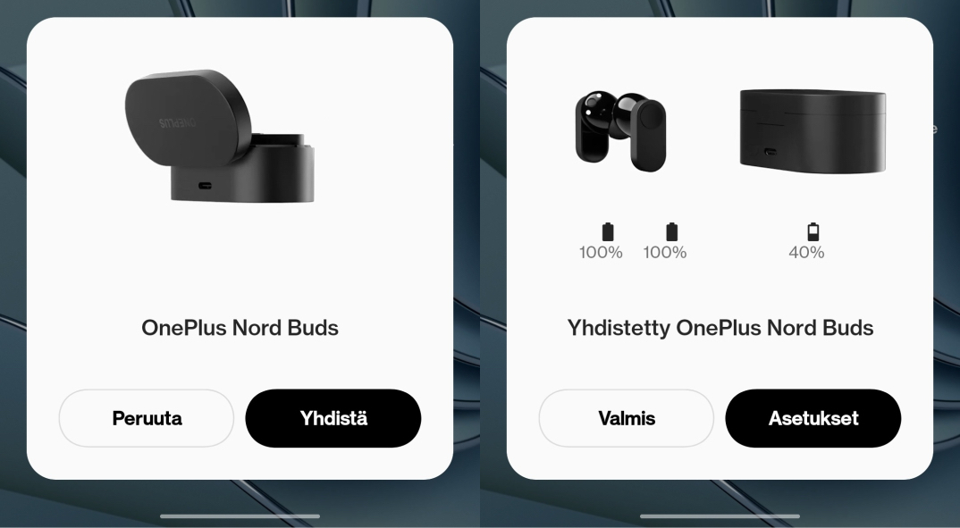 OnePlus-älypuhelimissa Nord Buds -kuulokkeet tukevat sen omaa pikaparitusta. Yhdistettynä kotelon kannen avaaminen avaa puhelimen näytölle tiedot kuulokkeiden akun varauksesta.