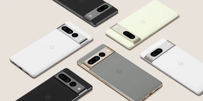 Pixel 7 -puhelinten värivaihtoehtoja Googlen julkaisemassa kuvassa.