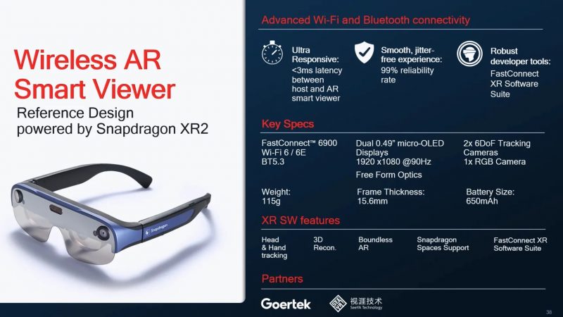 Qualcommin Wireless AR Smart Viewer Reference Design -mallilaitteen ominaisuuksia.