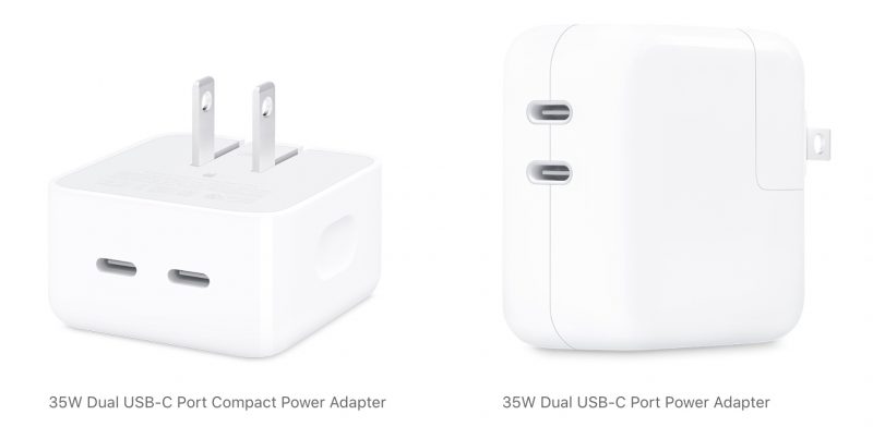 Kaksi versiota Applen 35 W USB-C-virtalähteestä kahdella portilla. Vasemmalla valituilla markkinoilla myytävä kompakti versio.