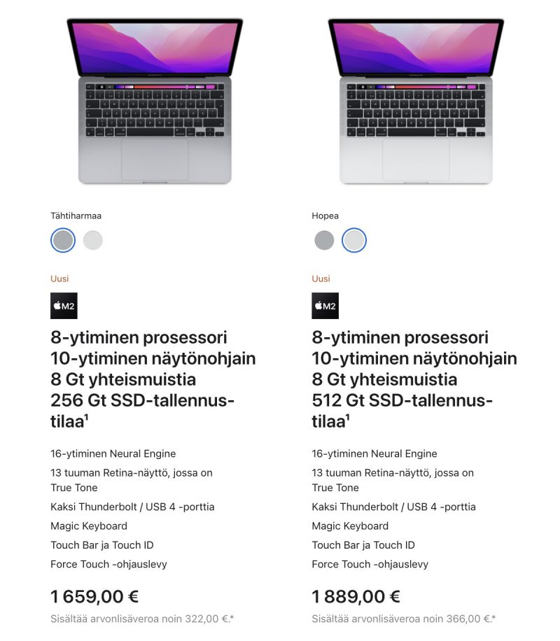 Applen M2:lla varustetun 13 tuuman MacBook Pron mallivaihtoehdot.