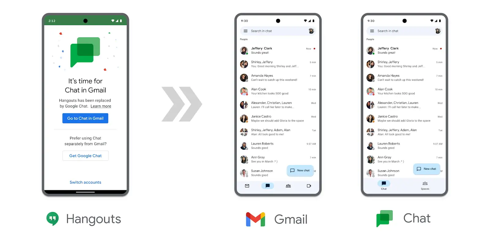 Vanha Google Hangouts on pian mennyttä. Korvaavaa Google Chatia voi käyttää Gmail-sovelluksessa tai omassa sovelluksessaan.