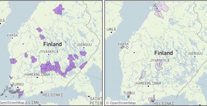 Vasemmalla merkitty kunnat, joissa oli juhannuksena yli 2,0 ihmistä verrattuna väkilukuun. Oikealla kunnat, joissa oli juhannuksena alle 0,7 ihmistä väkilukuun verrattuna. Kuva: Telia.