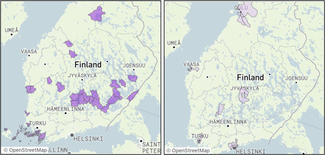 Vasemmalla merkitty kunnat, joissa oli juhannuksena yli 2,0 ihmistä verrattuna väkilukuun. Oikealla kunnat, joissa oli juhannuksena alle 0,7 ihmistä väkilukuun verrattuna. Kuva: Telia.