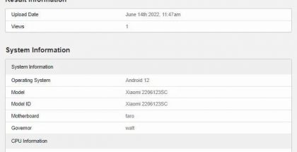 Xiaomi 12S:n tiedot GeekBench-suorituskykytestin tietokannassa.