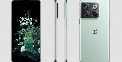 OnePlus 10T vihreänä Jade Green -värinä eri kuvakulmista.