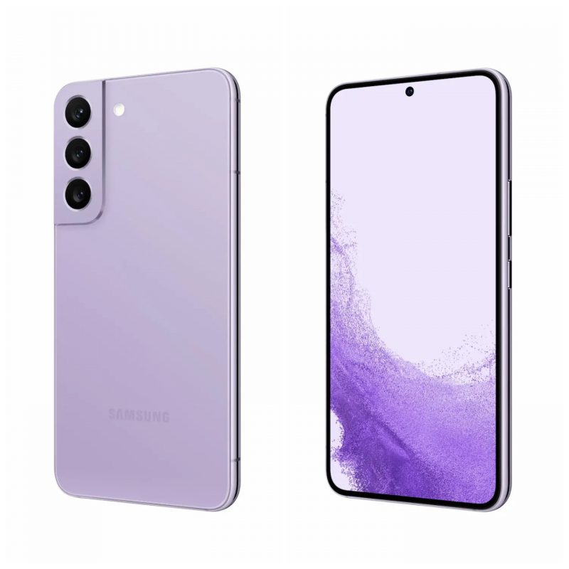 Samsung Galaxy S22, Bora Purple, takaa sekä edestä.
