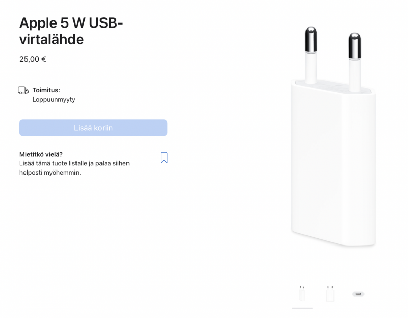 Applen verkkokauppa kertoo 5 watin laturin olevan loppuunmyyty.