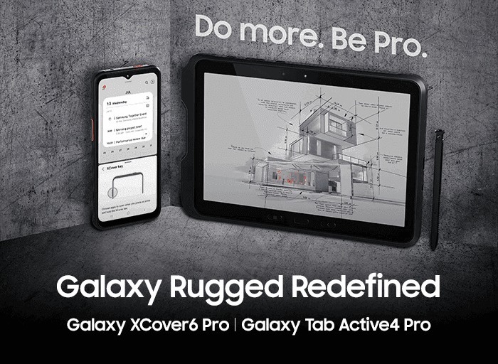 Galaxy Tab Active4 Pro yhdessä Galaxy XCover6 Pro -älypuhelimen kanssa Samsungin aiemmin julkaisemassa kuvassa.