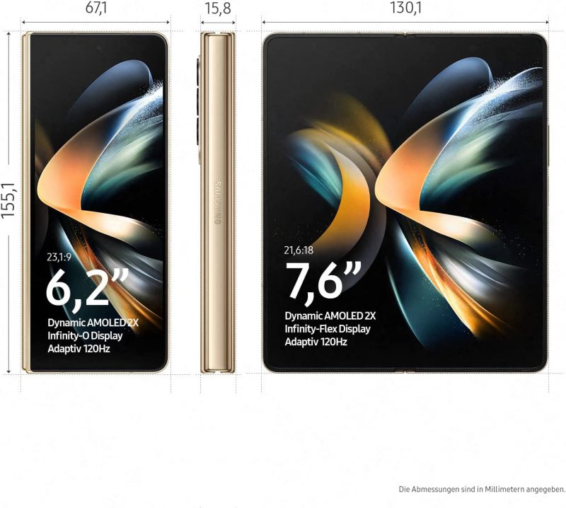 Samsung Galaxy Z Fold4:n näyttöjen koot ja kuvasuhteet.