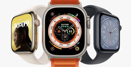 Vasemmalta oikealle: Apple Watch Series 8, Apple Watch Ultra ja 2. sukupolven Apple Watch SE.