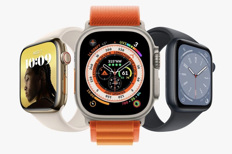 Kuvassa syksyllä 2022 esitellyt Apple Watch Series 8, Apple Watch Ultra ja 2. sukupolven Apple Watch SE.
