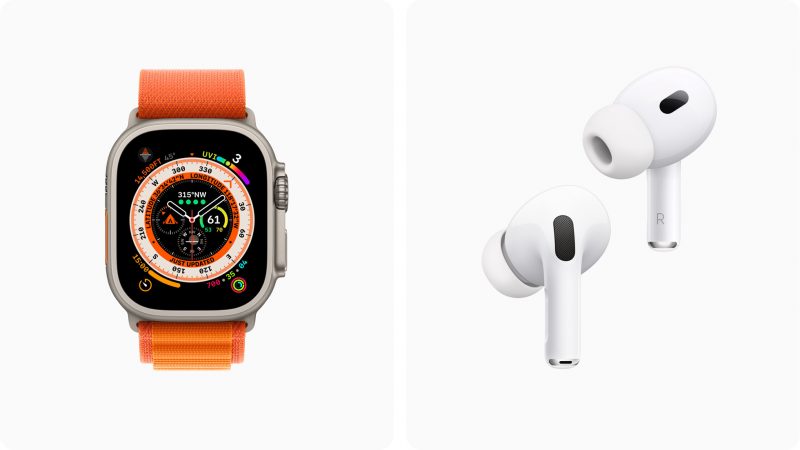 Apple Watch Ultra ja 2. sukupolven AirPods Pro -kuulokkeet.