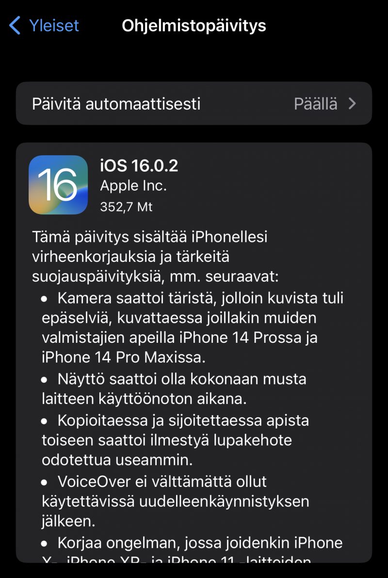 iOS 16.0.2 on nyt ladattavissa.
