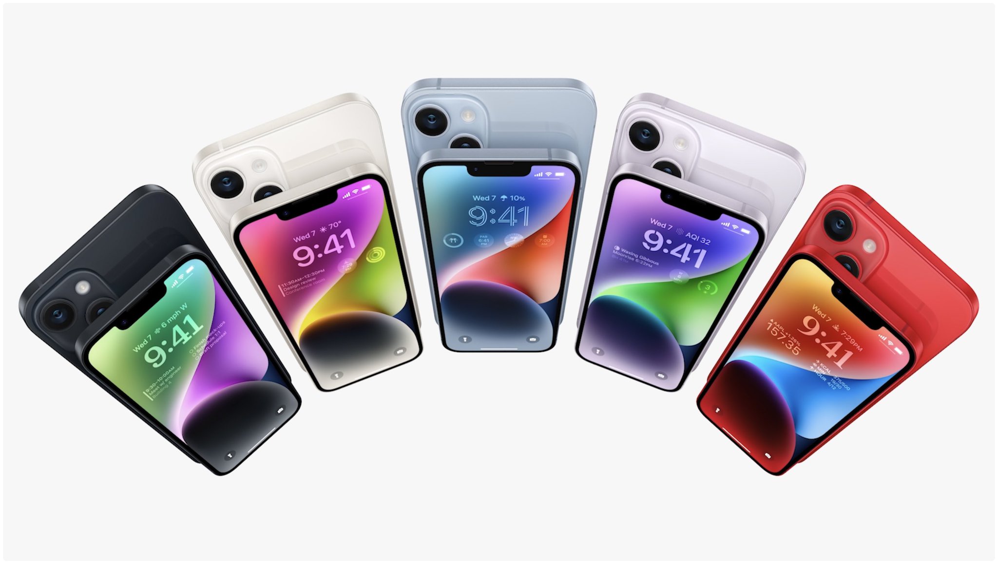 Kuvassa nykyiset iPhone 14 ja iPhone 14 Plus eri värivaihtoehtoinaan.