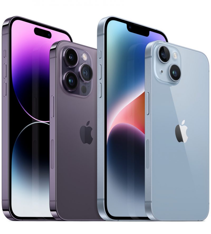 Kuvassa syksyllä 2022 esitellyt iPhone 14 Pro Max, iPhone 14 Pro, iPhone 14 Plus ja iPhone 14.